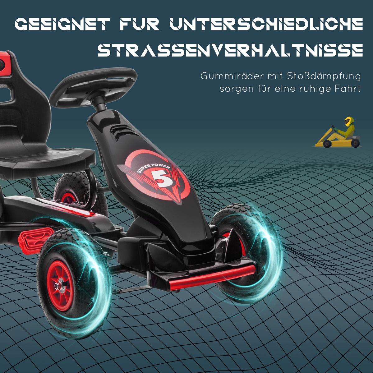 GOKART, Kinderfahrzeug mit verstellbarem Schalensitz, Tretauto, Rot+Schwarz - Rot, Metall (121/58/61cm) - HOMCOM