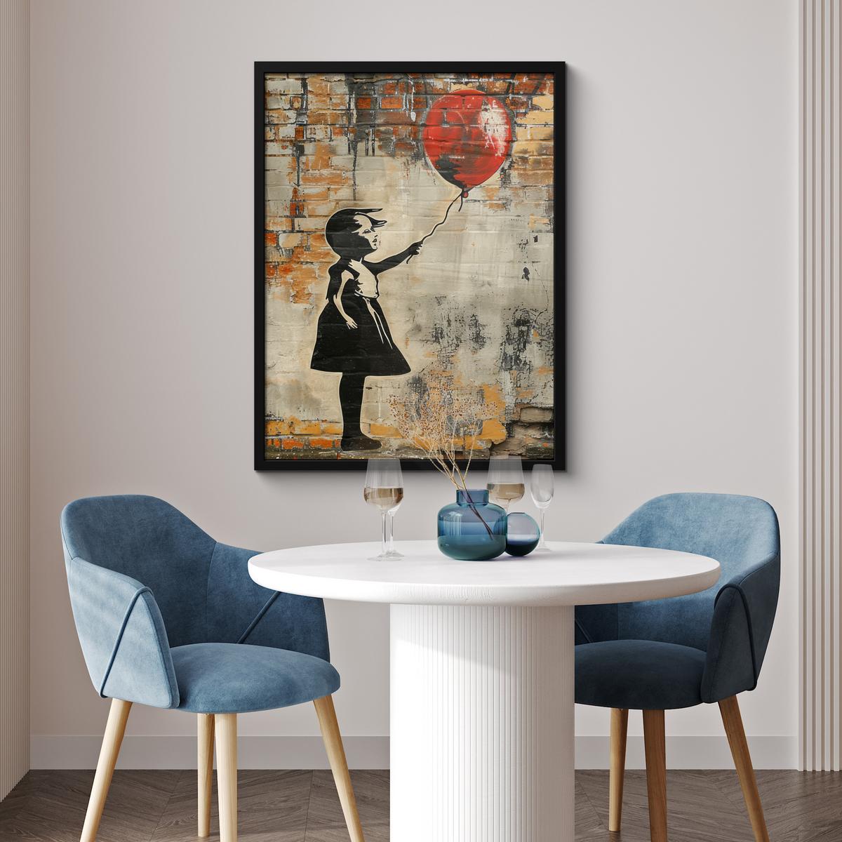 POSTER MIT RAHMENGERAHMTES BILD Graffiti - Banksy - Mädchen - Straßenkunst Posterleiste 60x80 cm - Sandfarben, Papier (60/80cm) - MuchoWow