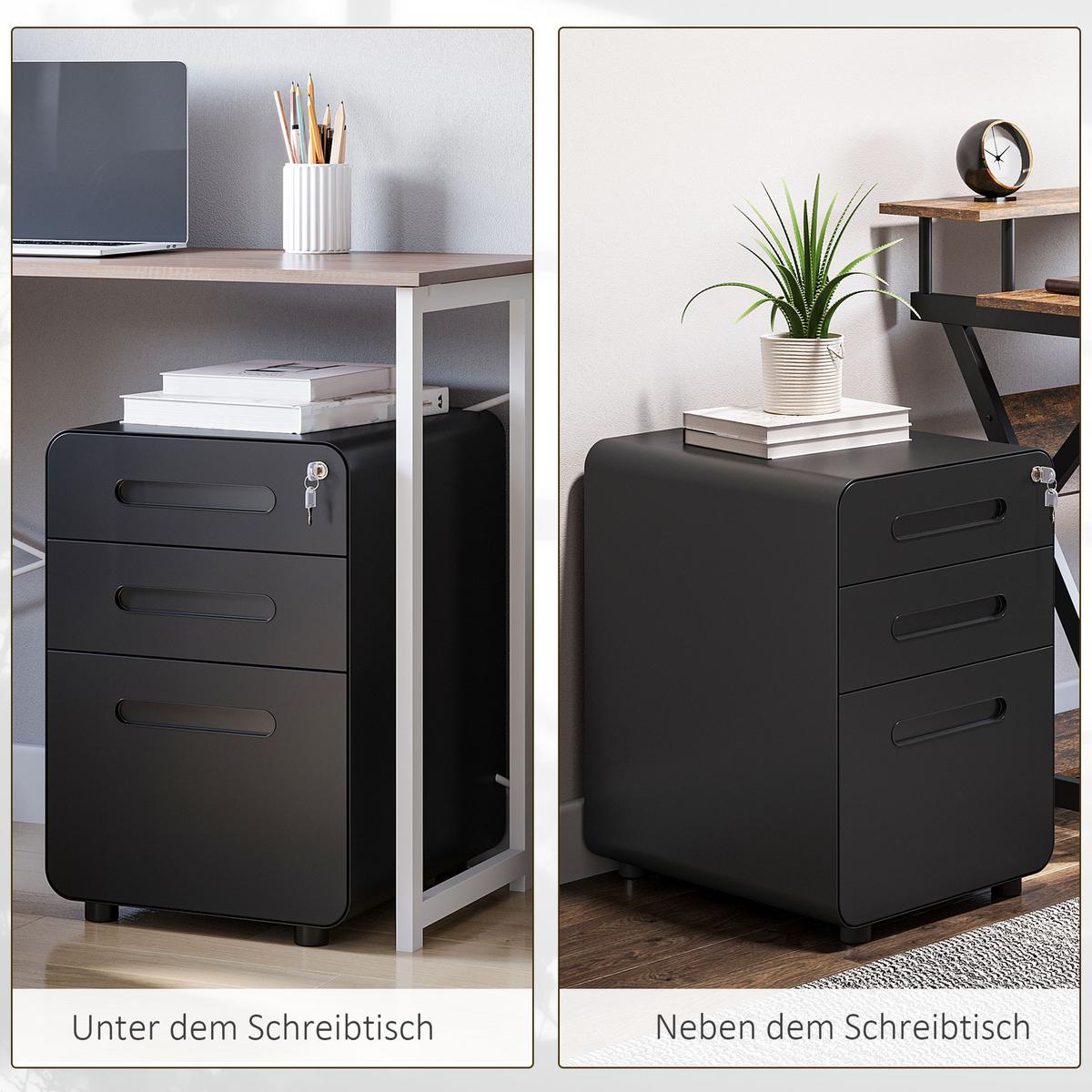 ROLLCONTAINER Aktenschrank mit 3 Schubladen Bürocontainer Stahl Schwarz - Schwarz, Metall (48/59/39cm) - Vinsetto