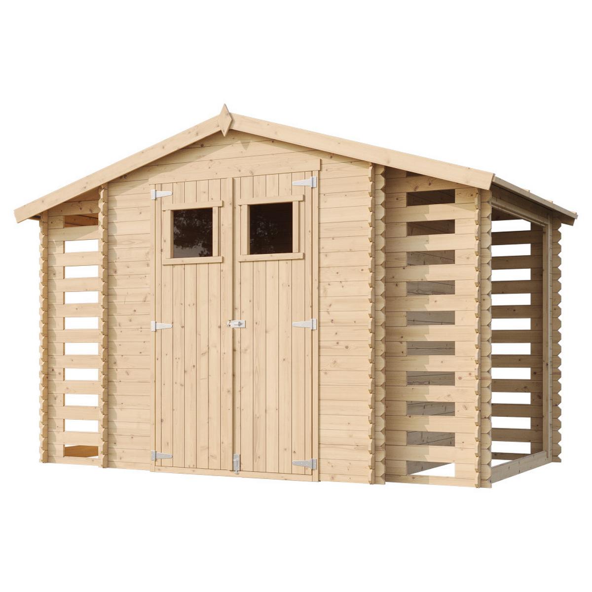 HOLZHAUS GARTENHAUS mit Brennholzschuppen M391+M391G - mit imprägniertem Boden- 3,53 + 0,97 + 0,97 m2 - Beige, Holz (328/218/206cm) - Timbela