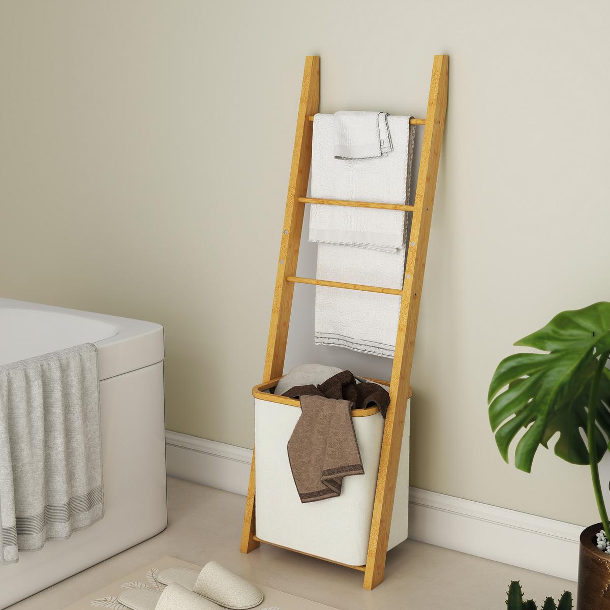 BADEZIMMER-REGAL Bambus Polyester Cremeweiß - Creme, Holz (35/133/43cm) - HOMCOM
