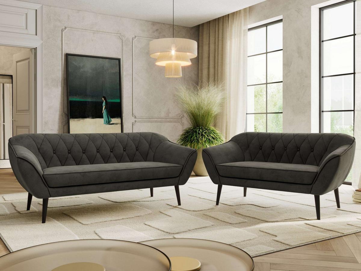 SITZGARNITUR PIRS 3+2 - Dunkelgrau Velvet - Schwarze Beine - Dunkelgrau/Schwarz, Holzwerkstoff/Textil (180/75/74cm) - MKS