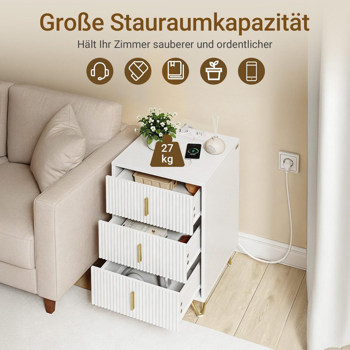 NACHTTISCH mit Ladefunktion und 3 schubladen, weiß 40x40x63,5cm - Weiß, Holzwerkstoff (40/64/40cm) - SoBuy