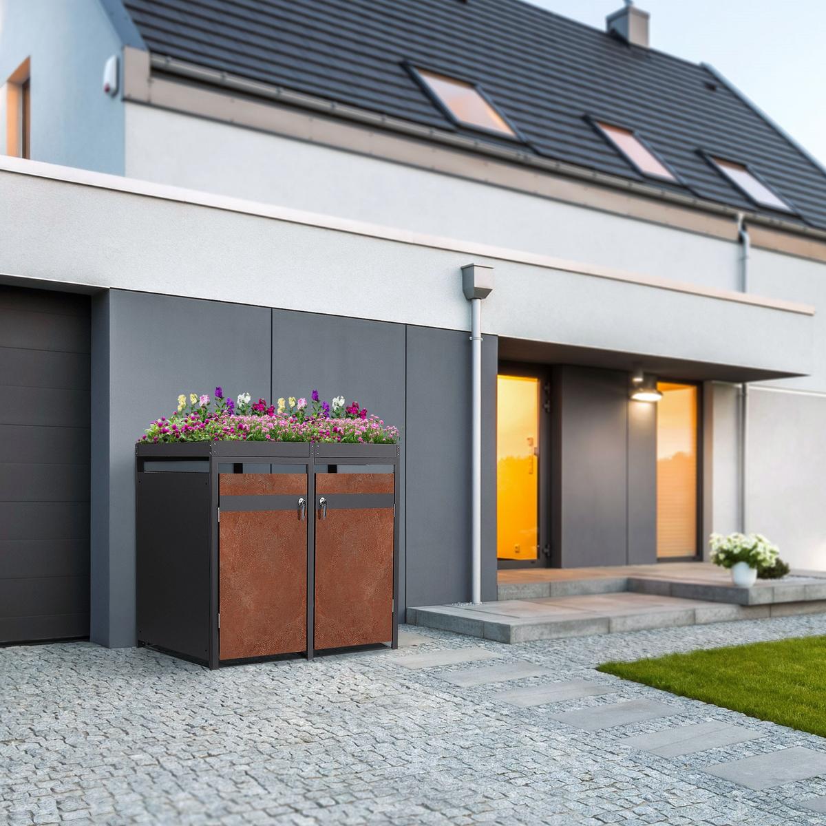 MÜLLTONNENBOX 2er mit Pflanzdach Anthrazit-Rostoptik - Rotbraun, Metall (132/124/80cm) - ML-DESIGN