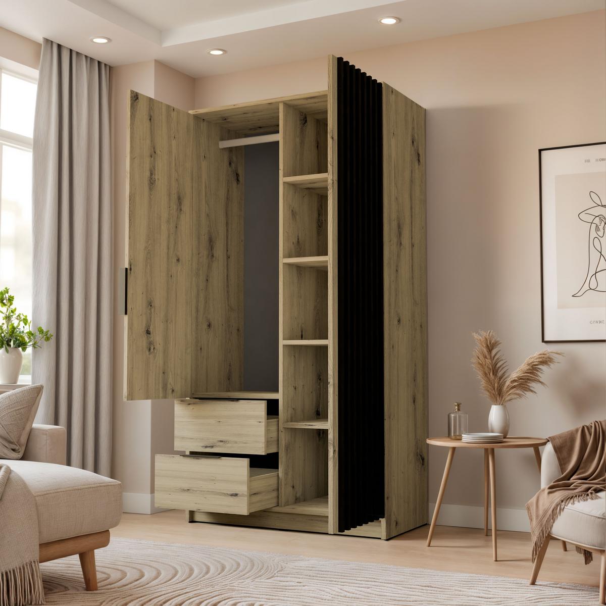 KLEIDERSCHRANK NELA, zweitürig mit Lamellen, 105 cm, Artisan/Schwarz - Eiche Artisan, Holzwerkstoff (105/200/51cm) - Lookway