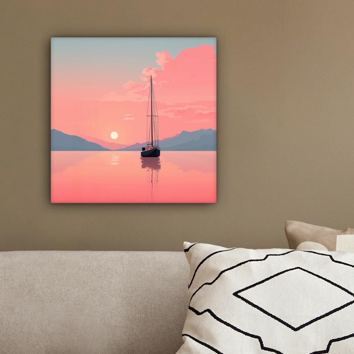 LEINWANDBILD Segelboot - Rosa Meer - Sonnenuntergang - Berge Deko Wohnzimmer 20x20 cm - Rosa, Textil (20/20cm) - MuchoWow