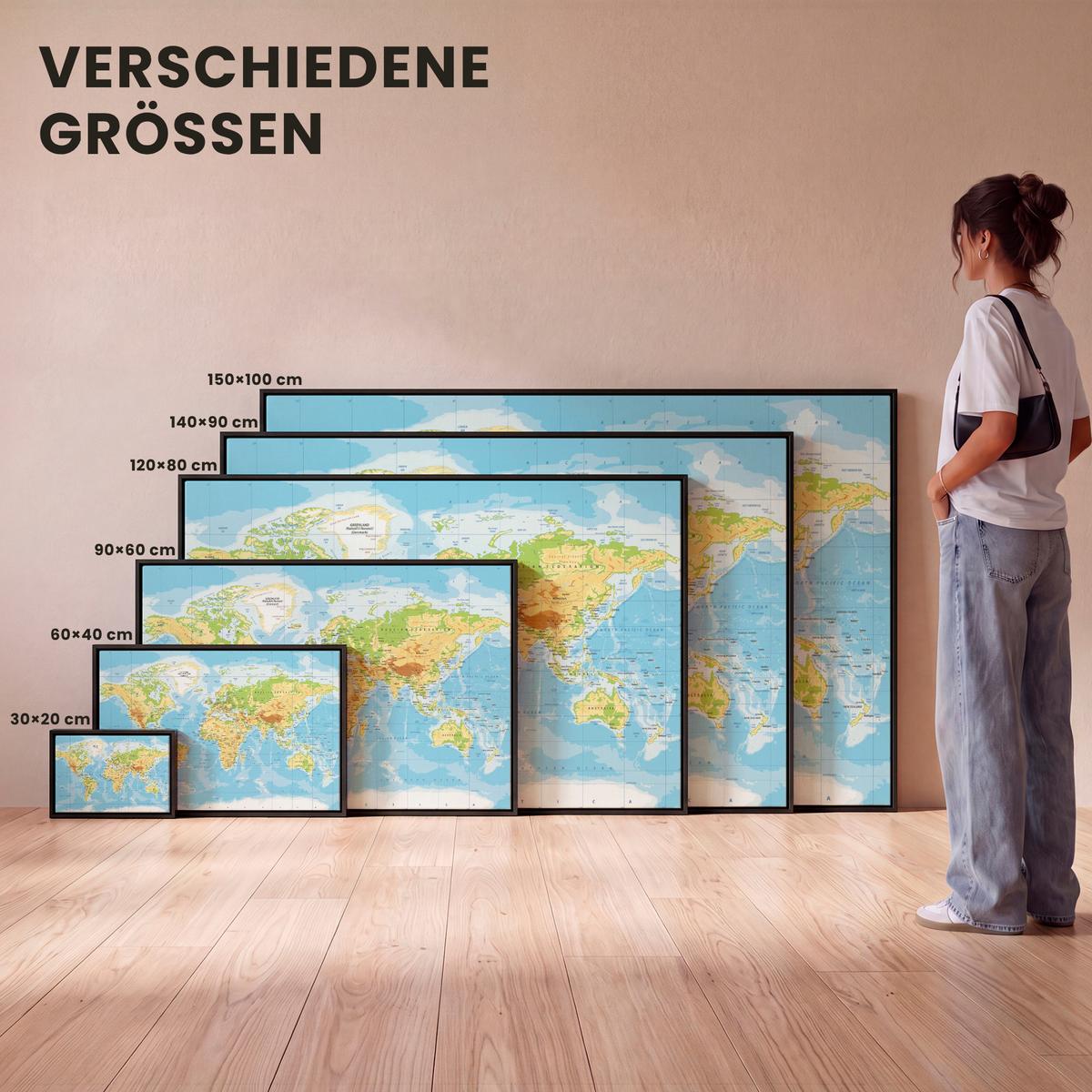 LEINWAND Bilder mit Rahmen - Weltkarte - Statistisch - Blau - Erde - Bildung - 30x20 - Blau, Textil (30/20cm) - MuchoWow