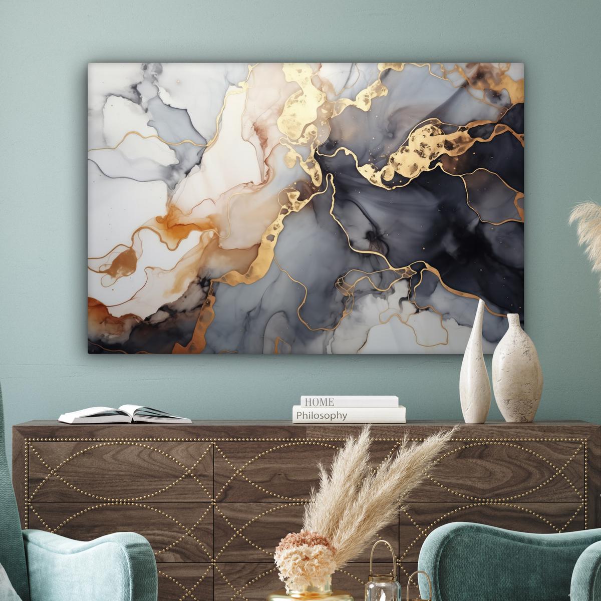 LEINWANDBILD Marmor - Schwarz - Gold - Weiß Wohnzimmer Groß 120x80 cm - Dunkelgrau, Textil (120/80cm) - MuchoWow
