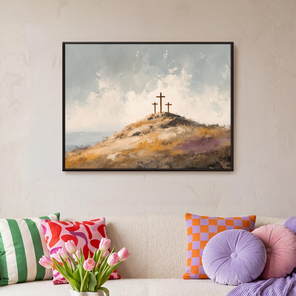 LEINWAND Bilder mit Rahmen - Hügel - Abstrakt - Christentum - Kreuz - 70x50 - Hellgrau, Textil (70/50cm) - MuchoWow