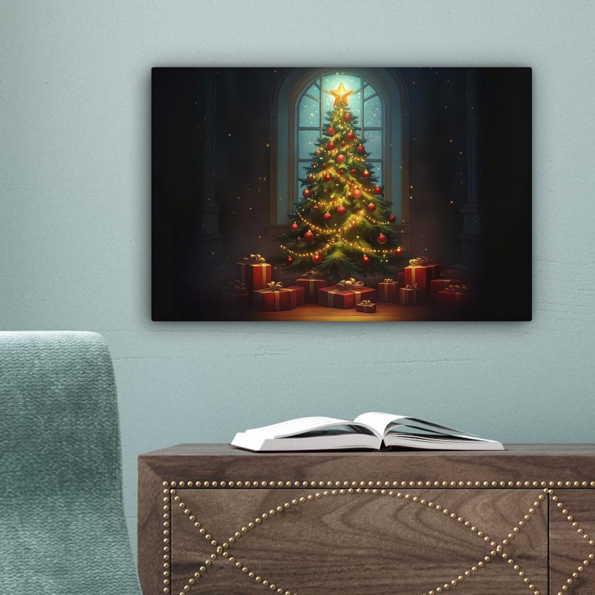 LEINWANDBILD Weihnachtsbaum - Geschenk - Winter Deko Schlafzimmer 30x20 cm - Grün, Textil (30/20cm) - MuchoWow
