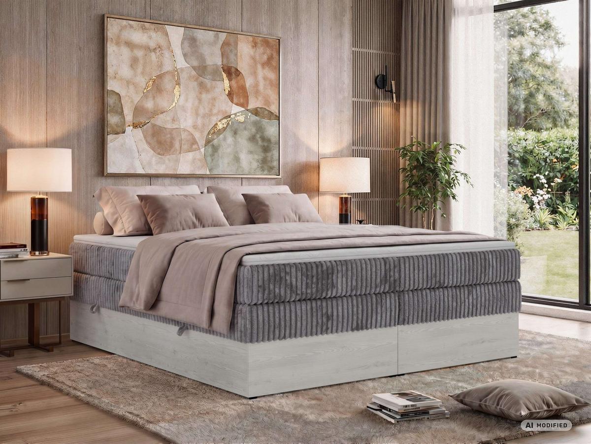 BOXSPRINGBETT NORDIC ZERO KING 180/200 - Grau Cord - Topper Visco - H3 - Schwarz/Grau, Kunststoff/Textil (180/200cm) - MKS