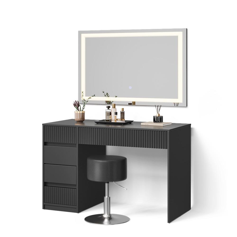 SCHMINKTISCH Allia Schwarz mit LED-Spiegel und Hocker - Schwarz, Holzwerkstoff (120/76/55cm) - Livinity®
