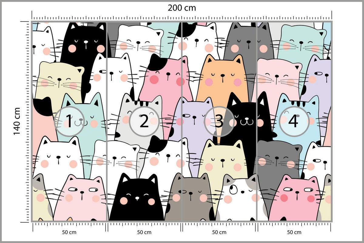 FOTOTAPETE für Kinderzimmer Bunte Katzen Cartoon Abstraktion 200x140 - Blau/Gelb, Papier (200/140cm) - Muralo