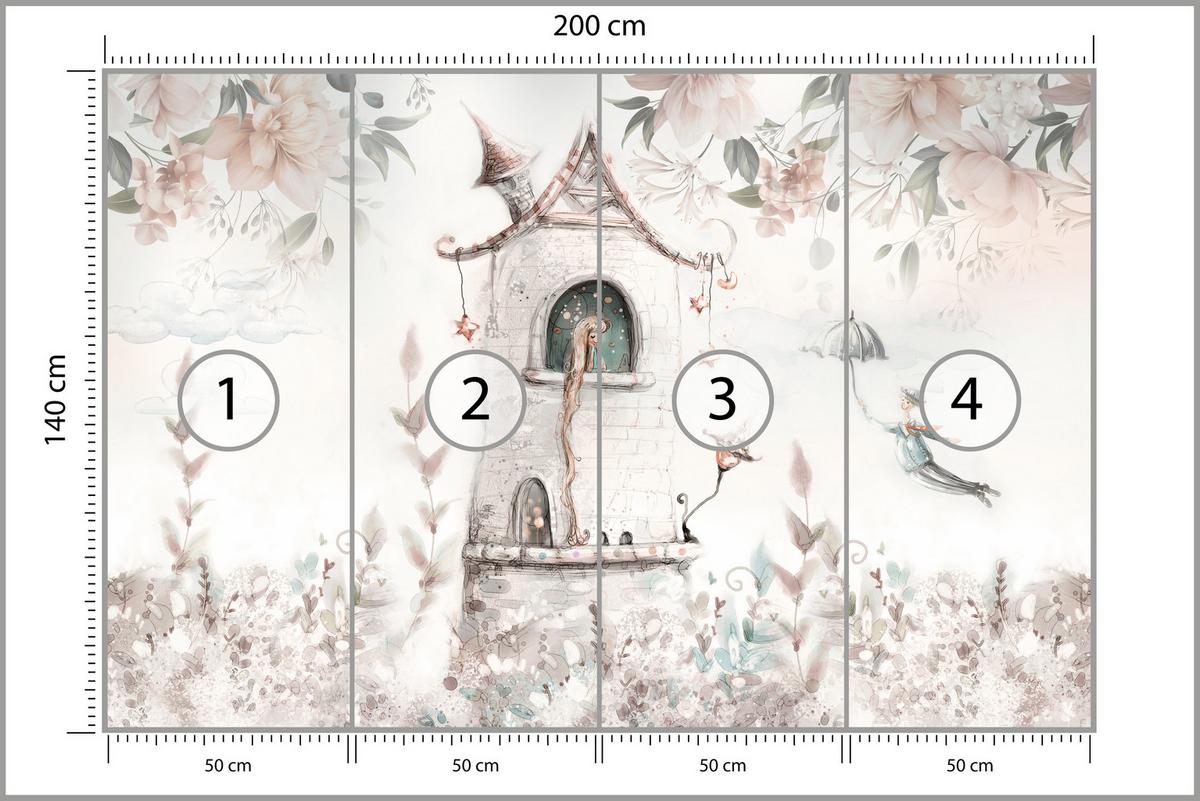 FOTOTAPETE für Kinderzimmer Prinzessin Turm Blumen Pflanzen 200x140 - Multicolor, Papier (200/140cm) - Muralo