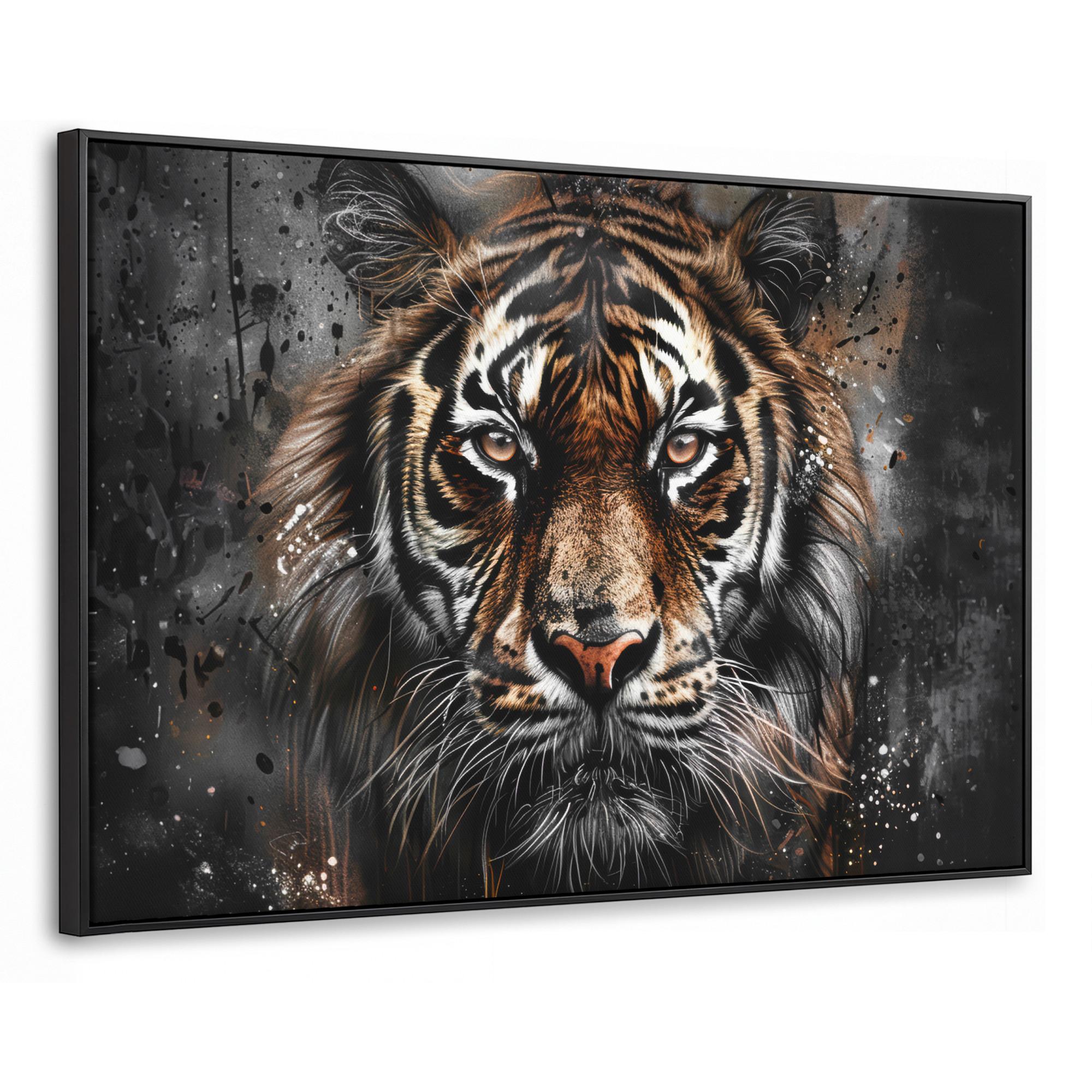 LEINWAND Bilder mit Rahmen - Tiger - Tiere - Porträt - Luxus - Schwarz - 90x60 - Braun, Textil (90/60cm) - MuchoWow
