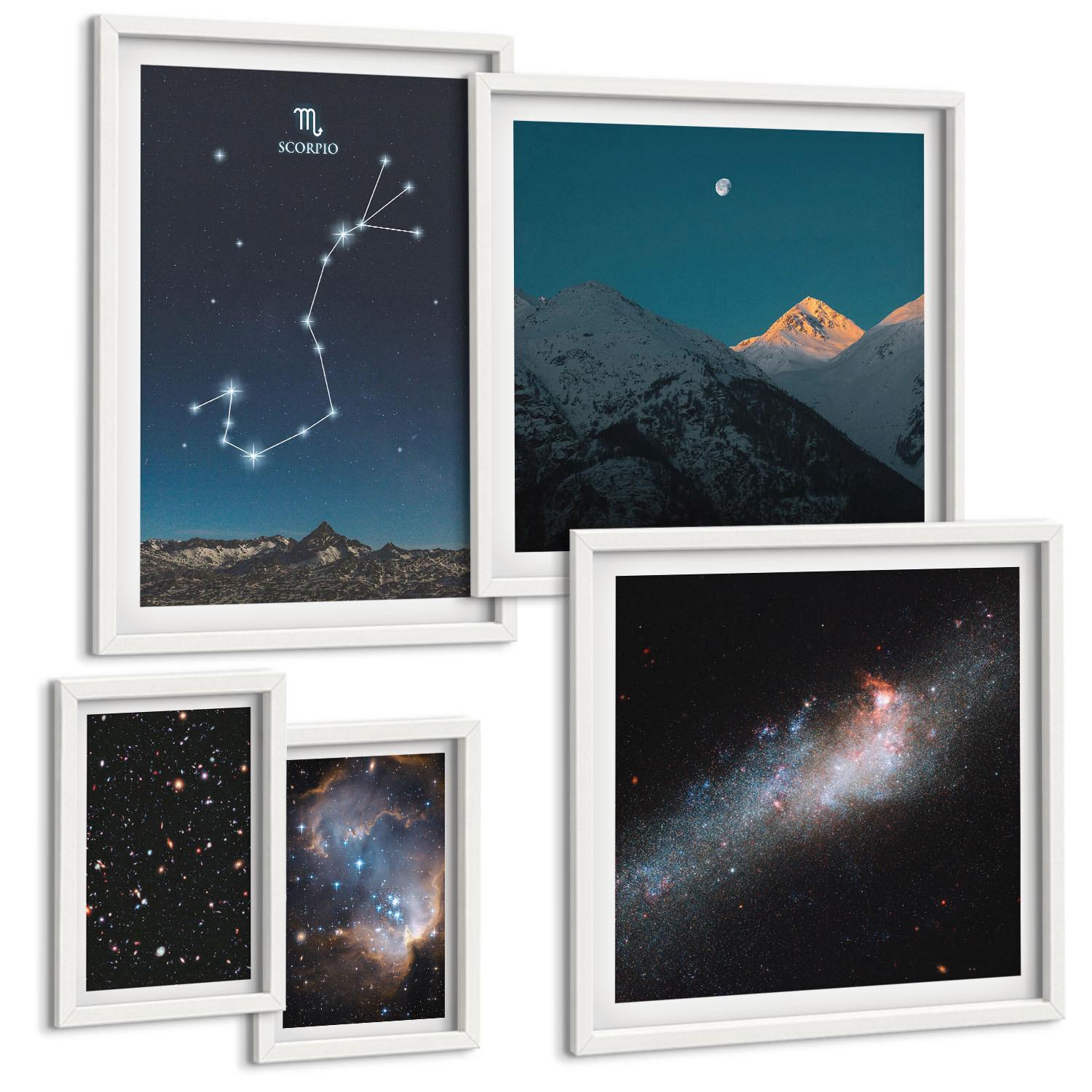 BILDER SET 5er Set - 50x50 cm & 20x30 cm & 40x60 cm Weißer Rahmen - Weltraumlandschaften von Galaxien - Weiß, Kunststoff (40/60cm) - TULUP