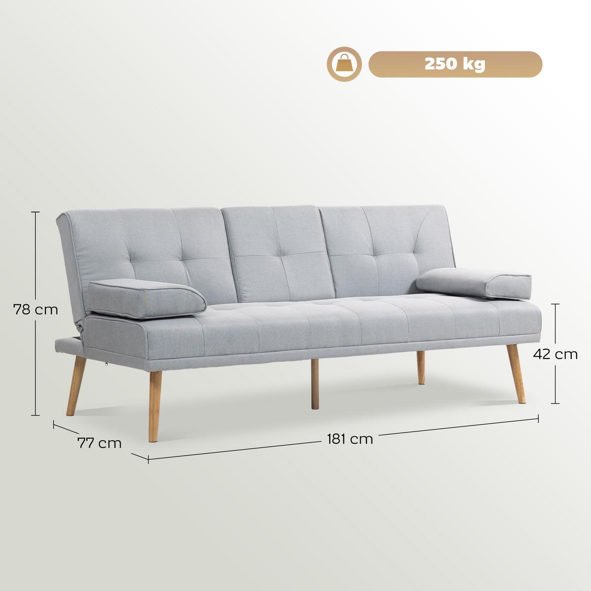 SCHLAFSOFA Sofabett Schlafcouch 3 Sitzer Leinen Hellgrau - Hellgrau/Naturfarben, Holz/Textil (77/78/181cm) - HOMCOM