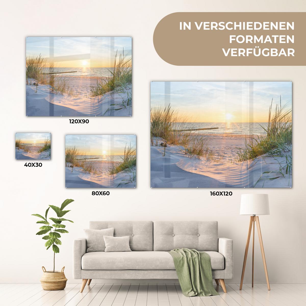 ACRYLGLASBILD Strand - Sonne - Düne - Gras - Sand - Horizont 80x60 cm - Hellblau, Glas (80/60cm) - MuchoWow
