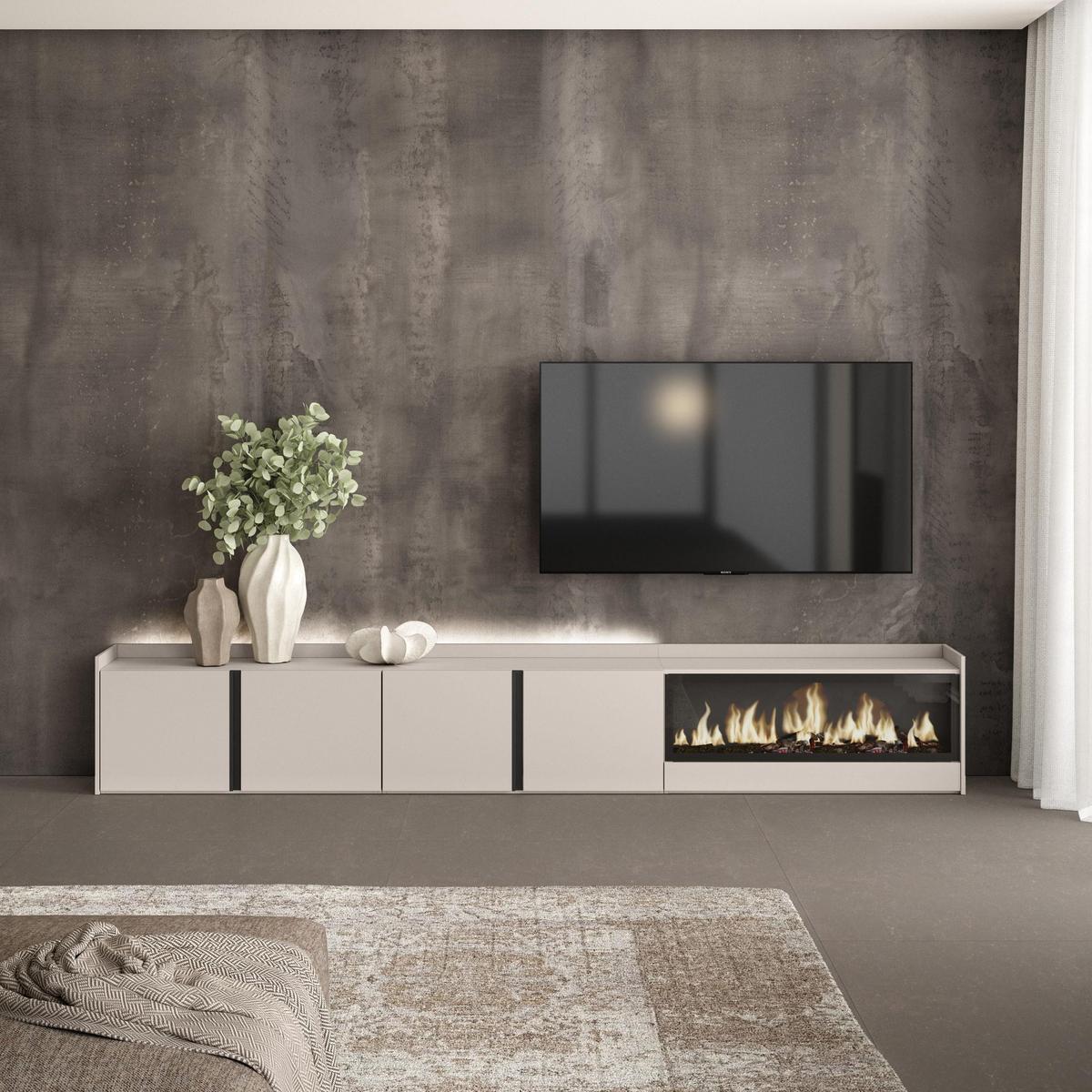 LOWBOARD, Beige, 315/35/50cm, Kamin mit Feuereffekt XXL - Beige, Holzwerkstoff (315/50/35cm) - Skraut Home