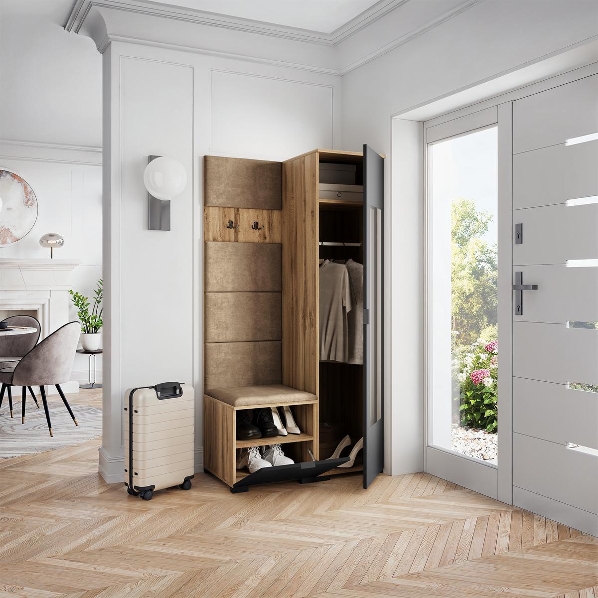 GARDEROBENSCHRANK VIRA 95/181/51 cm Modern Garderobe-Set Eiche Wotan - Eiche Wotan/Schwarz, Holzwerkstoff (95/181/51cm) - MASSENO