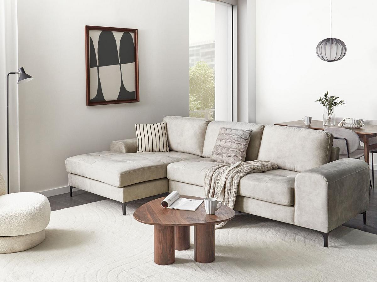 ECKSOFA 4-Sitzer Samtstoff Hellbeige rechtsseitig Kiruna - Beige/Schwarz, Textil (290/148cm) - Beliani