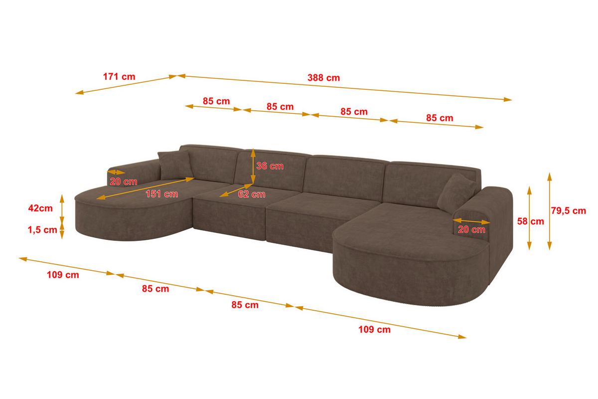 WOHNLANDSCHAFT MARI-U2 - 388x171x79 cm Braun Velours - Schwarz/Braun, Holzwerkstoff/Kunststoff (388/79/171cm) - ALTDECOR