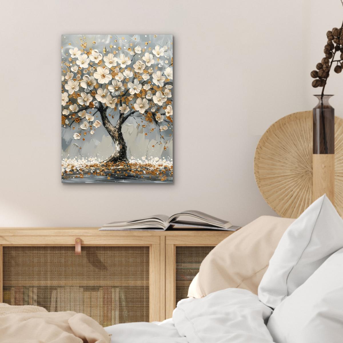 METALLBILD Baum - Blumen - Weiß - Natur - Kunst 30x40 cm - Weiß, Metall (30/40cm) - MuchoWow