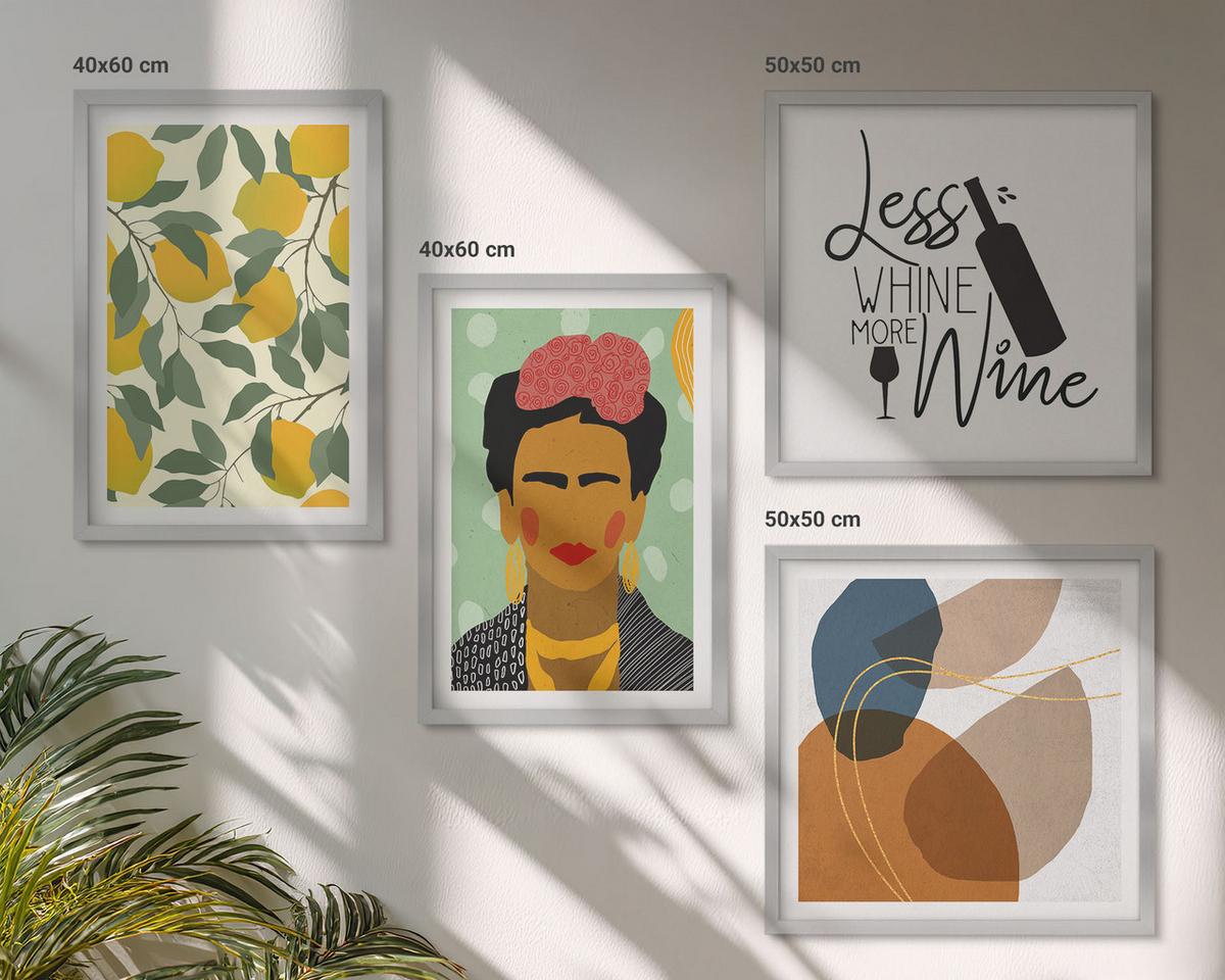 BILDER SET 4er Set - 50x50 cm & 40x60 cm Silberner Rahmen - Zitronenweinporträt von Frida - Silberfarben, Kunststoff (50/50cm) - TULUP