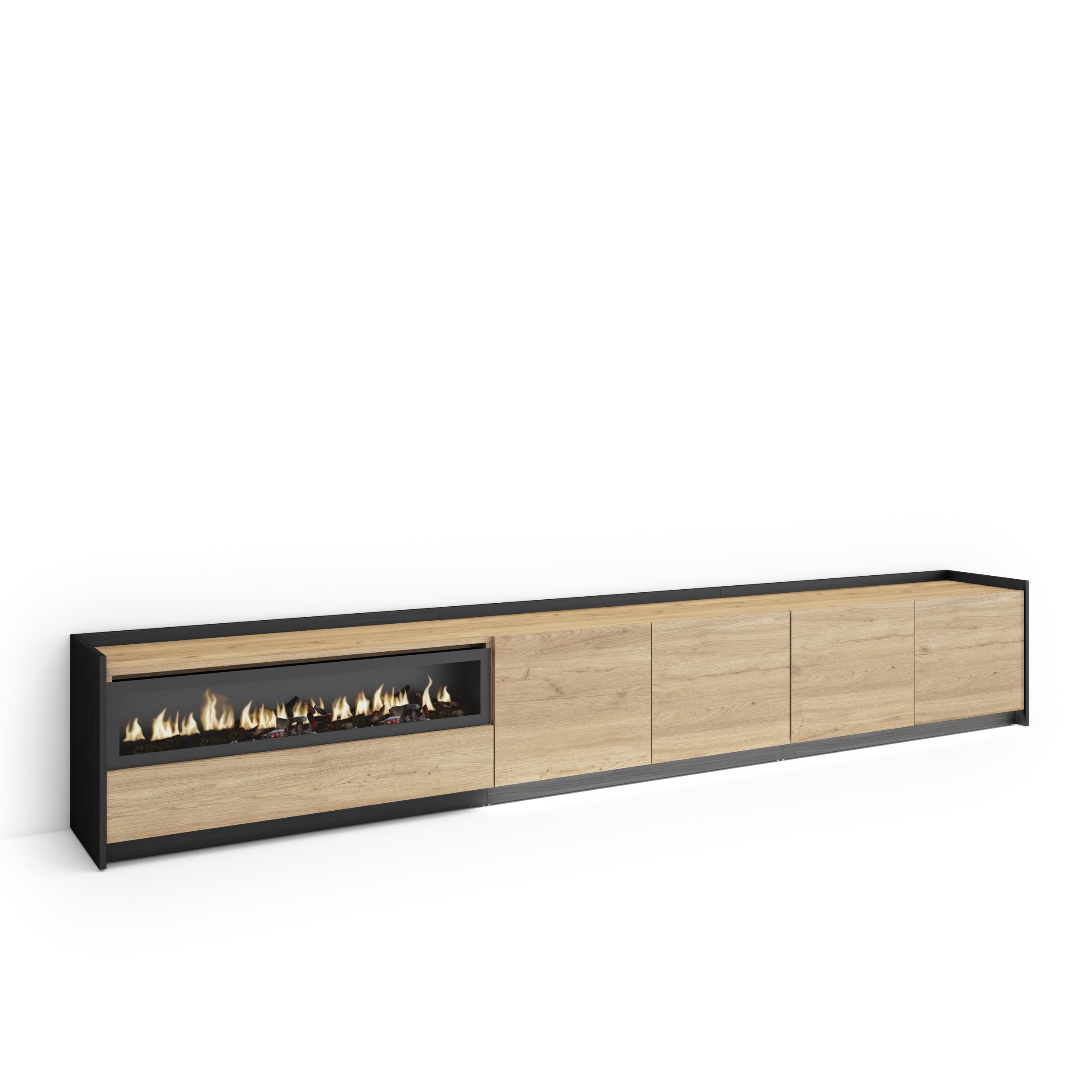 LOWBOARD, Eiche und Schwarz, 310/37/50cm, Kamin mit Feuereffekt - Eichefarben, Holzwerkstoff (310/50/37cm) - Skraut Home