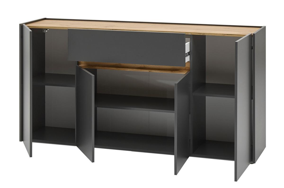 SIDEBOARD grau matt, Eiche Wotan 170 x 87 cm, Kommode 4-türig - Eiche Wotan/Schwarz, Holzwerkstoff/Kunststoff (170/87/40cm) - Furn.Design