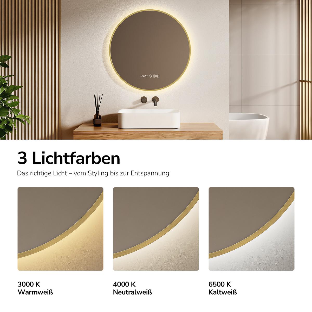 BADSPIEGEL mit LED-Beleuchtung, Anti-Beschlag-Funktion und Uhrzeitanzeige, Goldfarben, Ø 80 cm - Goldfarben, Glas (80/80/3.3cm) - EMKE