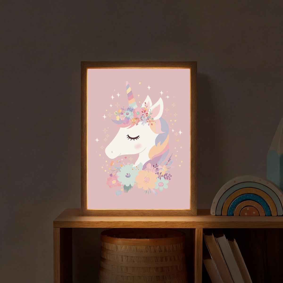 NACHTTISCHLAMPE MIT AKKU Einhorn - Rosa - Blumen 30x40 cm - Rosa, Holzwerkstoff (8/30/40cm) - OnlyWow