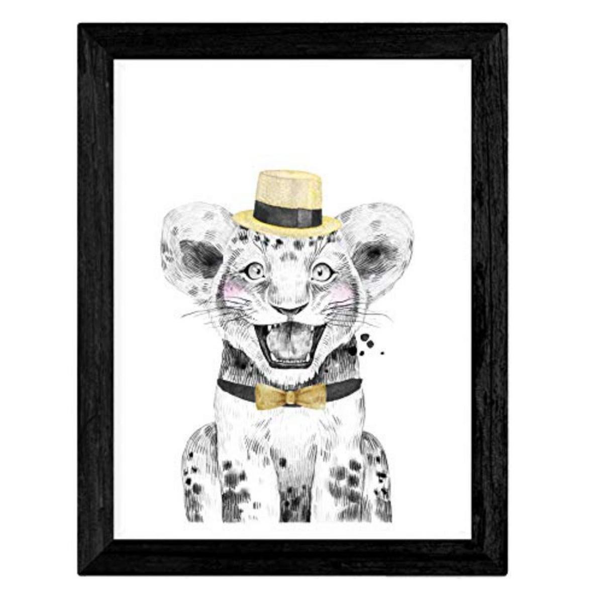 POSTER Set mit 4 „Tiere mit Hüten und Schale“ A4 Schwarzer Rahmen - Schwarz, Papier (29.7/3cm) - Nacnic
