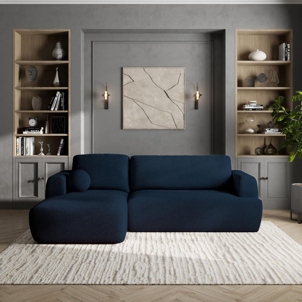 ECKSOFA SENTI N L-S Blau Boucle-Stoff mit Schlaffunktion - Blau/Schwarz, Holz/Kunststoff (246/148cm) - MASSENO