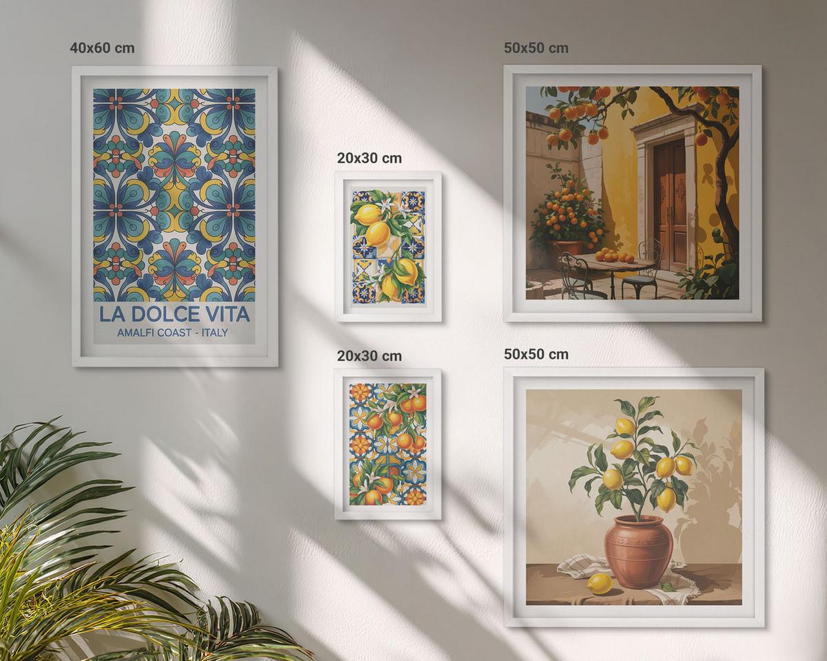 BILDER SET 5er Set - 50x50 cm & 20x30 cm & 40x60 cm Weißer Rahmen - Zitronen, Blumen, Orangen, Italien - Weiß, Kunststoff (40/60cm) - TULUP