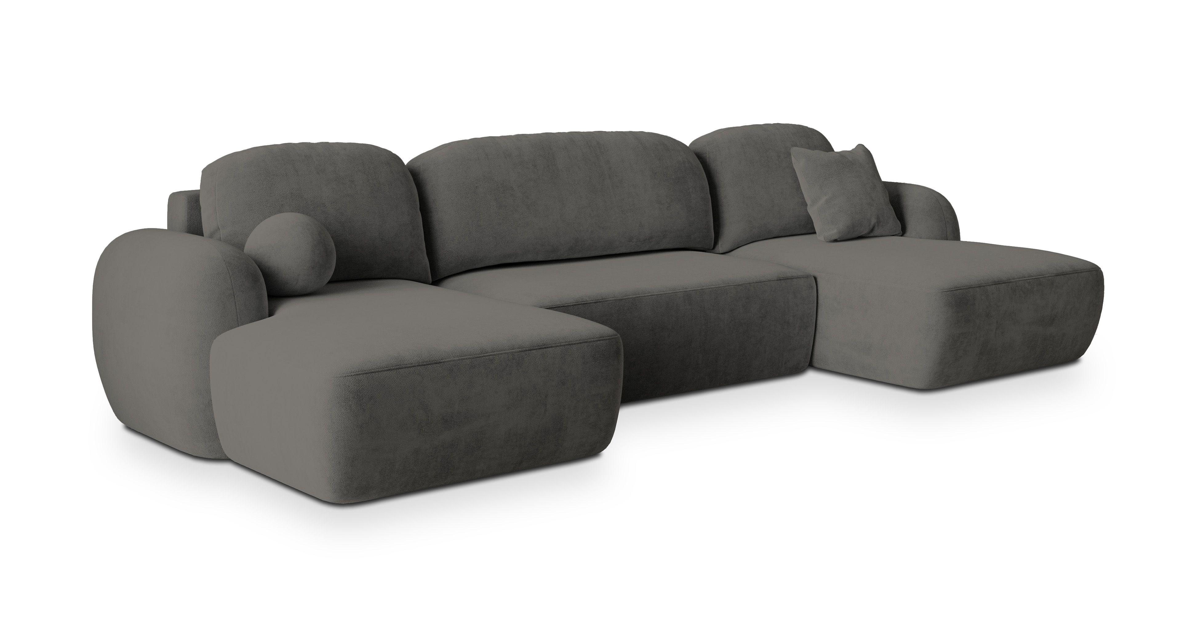 WOHNLANDSCHAFT SAVONA K Grau Plüsch-Stoff mit Schlaffunktion - Schwarz/Grau, Holz/Kunststoff (320/90/148cm) - MASSENO