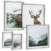 BILDER SET 5er Set - 50x50 cm & 20x30 cm & 40x60 cm Silberner Rahmen - Berge, See, Hirsche, Hütte, Nebel - Silberfarben, Kunststoff (40/60cm) - TULUP