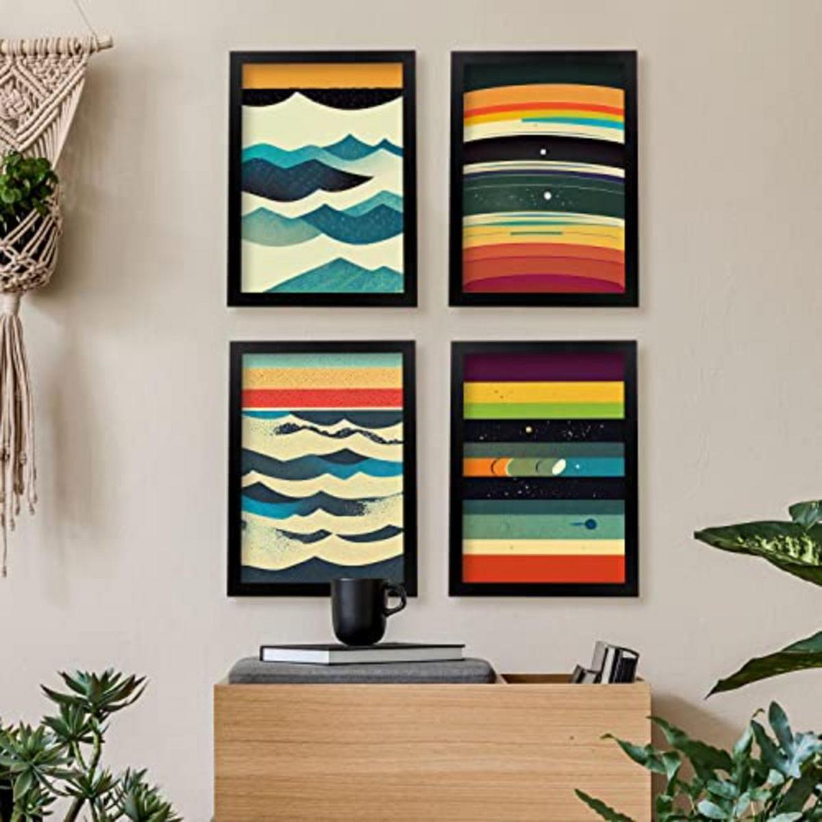 POSTER Set mit 4 Meer Abstrakt Moderne Galaxien A4 Schwarzer Rahmen - Schwarz, Papier (29.7/3cm) - Nacnic