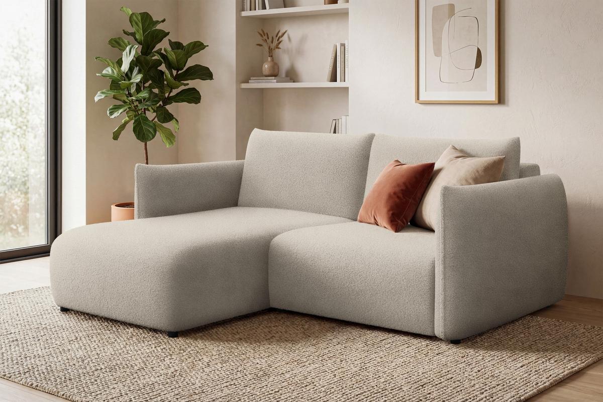 ECKSOFA TAUER 3-Sitzer LINKS, Bouclé-Stoff beige - Beige/Schwarz, Holz/Textil (173/206cm) - Courtois Laville
