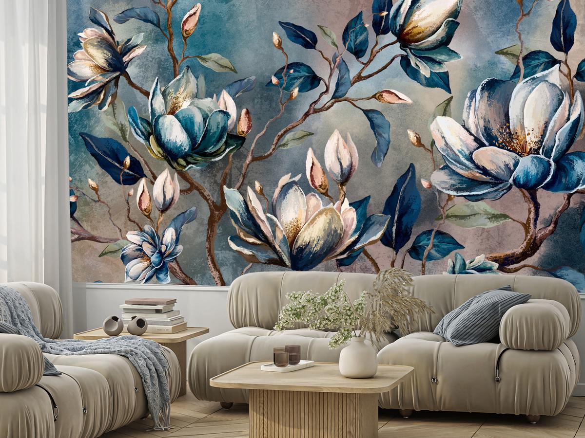 FOTOTAPETE für Wohnzimmer Wunderschöne Magnolien Blätter Zweige Blumen 350x256 - Multicolor, Papier (350/256cm) - Muralo