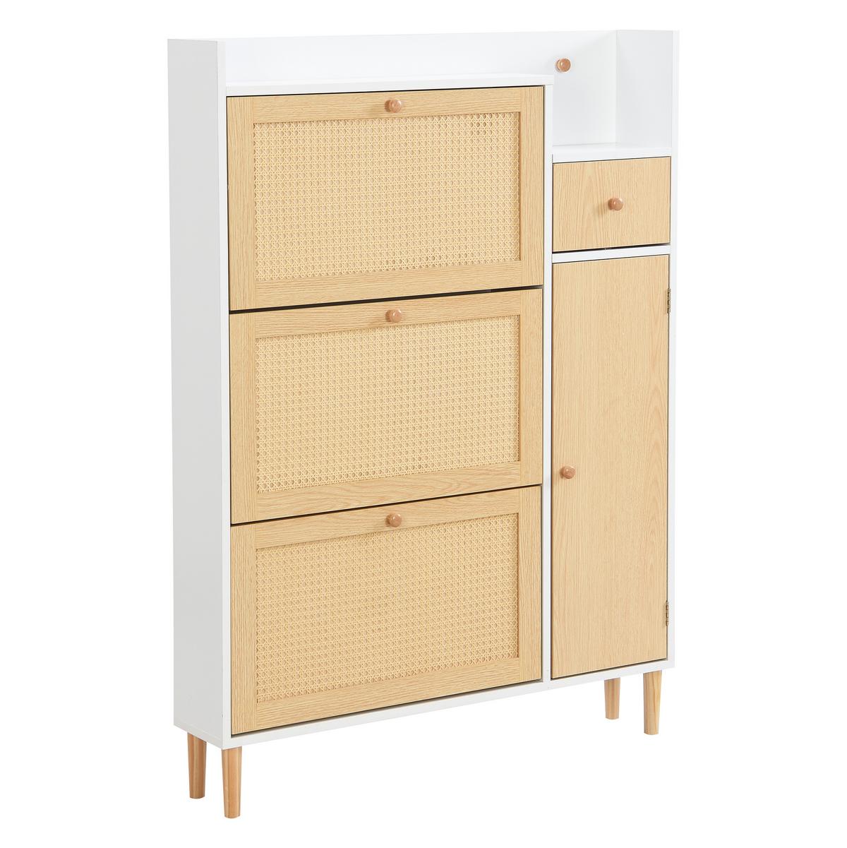 SCHUHESCHRANK Rattan Flach Weiß & Natur Mit 3 Kipp-Türen & 1 Schublade - Naturfarben, Holzwerkstoff (90/125/17cm) - Urban Meuble