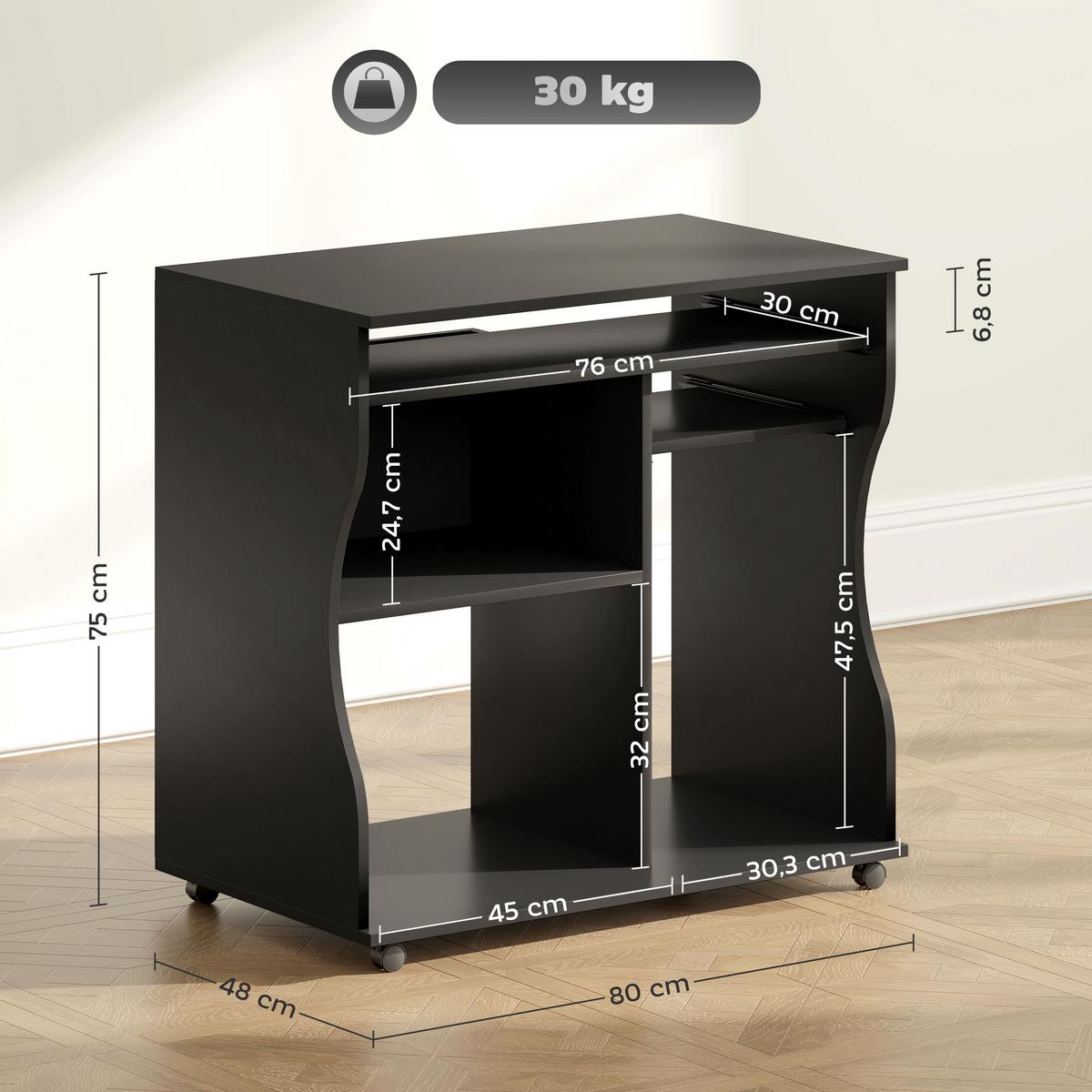COMPUTERTISCH mit Rollen, Schwarz 80 x 48 x 75 cm - Schwarz, Holz (80/48/75cm) - HOMCOM