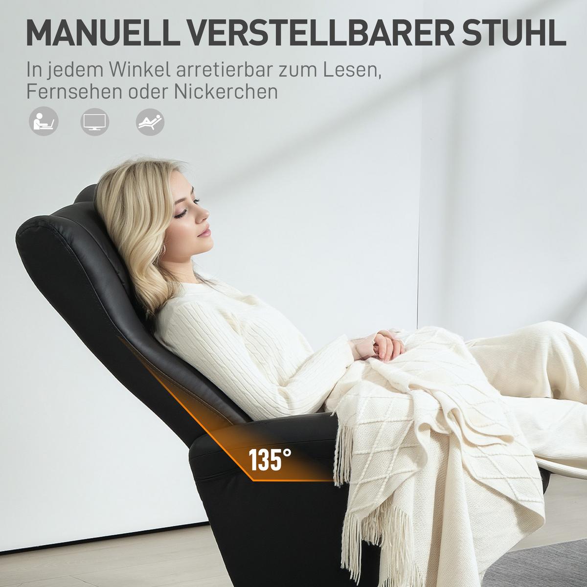 RELAXSESSEL mit Hocker 360°Drehbarer Fernsehsessel mit Liegefunktion Schwarz - Schwarz, Leder/Kunststoff (70/105/79cm) - HOMCOM