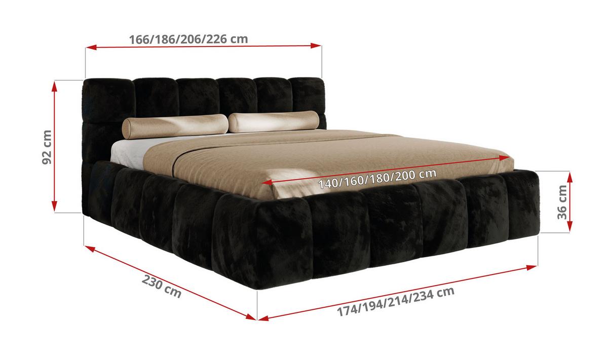 POLSTERBETT NIRA CLASSIC 200/200 - Schwarz Plüsch - Multipocket-Matratze - Schwarz, Textil (200/200cm) - MKS