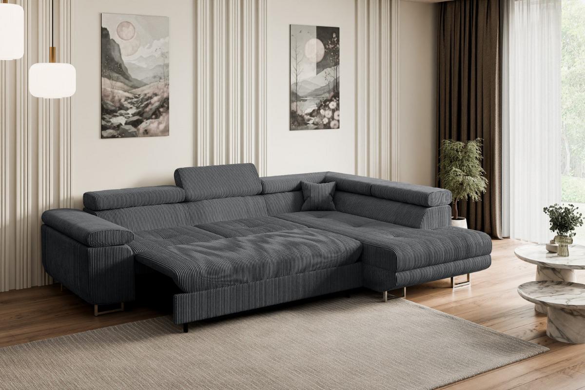 ECKSOFA mit Schlaffunktion und Bettkasten GUSA-L 272x202x107 cm Grau Cord - Dunkelgrau/Silberfarben, Holzwerkstoff/Textil (272/202cm) - ALTDECOR