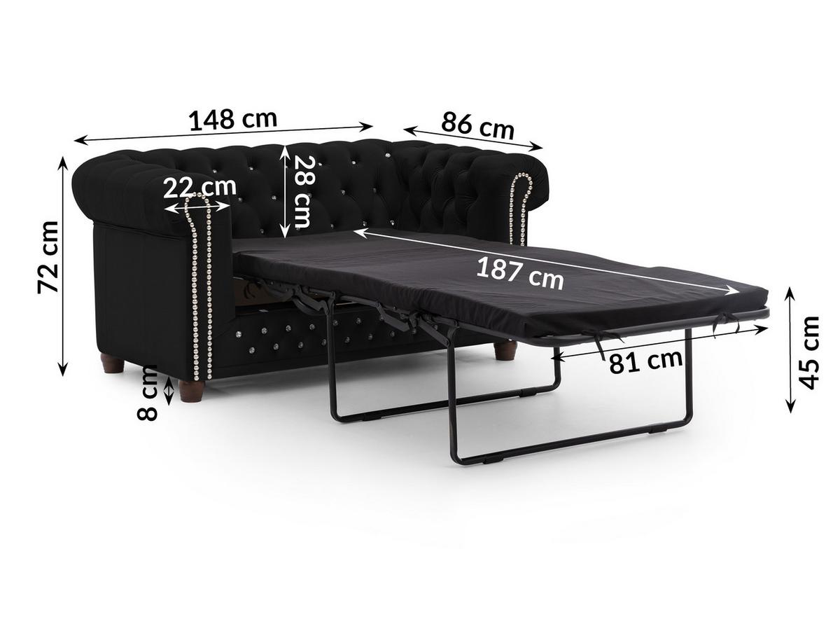 CHESTERFIELD-SOFA 2-Sitzer mit Schlaffunktion Cleo Blink Schwarz Samt mit Kristallsteppung und braunen Massivholzfüßen - Schwarz/Braun, Holz/Textil (148/72/86cm) - S-Style Möbel