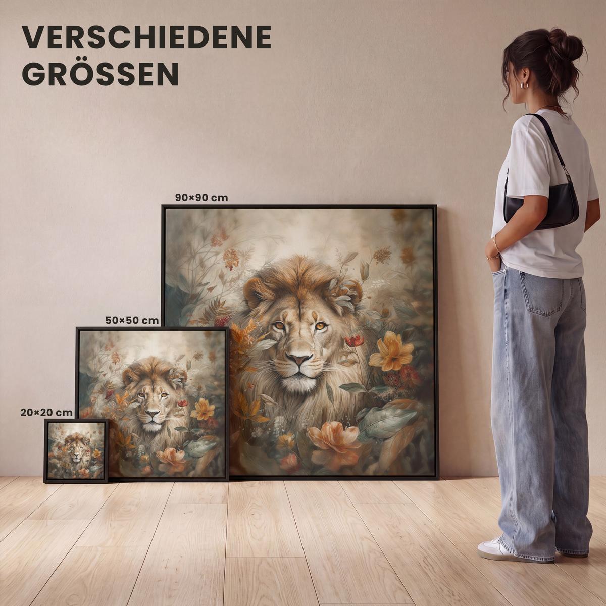 LEINWAND Bilder mit Rahmen - Löwe - Wildtiere - Pflanzen - Natur - Blumen - 50x50 - Beige, Textil (50/50cm) - MuchoWow
