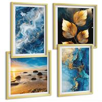 BILDER SET 4er Set - 50x50 cm & 40x60 cm Goldrahmen - Bilder mit blau-goldenen Mustern - Goldfarben, Kunststoff (50/50cm) - TULUP