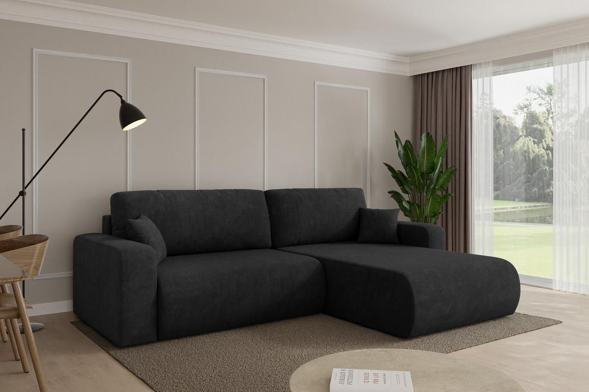 ECKSOFA mit Schlaffunktion Ottomane Rechts BERY-L 276x193x88 Schwarz Velours - Schwarz, Holzwerkstoff/Kunststoff (276/193cm) - ALTDECOR