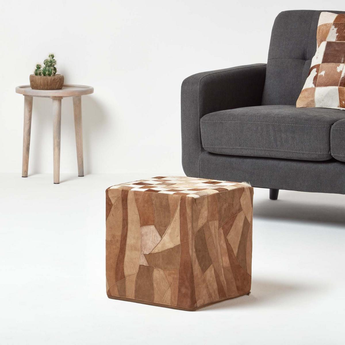 PATCHWORK-HOCKER Leder braun, Sitzwürfel 36/36/38 cm - Braun, Leder (36/38/36cm) - Homescapes